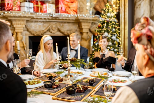Preview: Elegantly dressed people having a festive dinner indoors