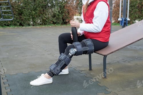 Preview: Woman wearing knee brace or orthosis after leg surgery, walking in the park