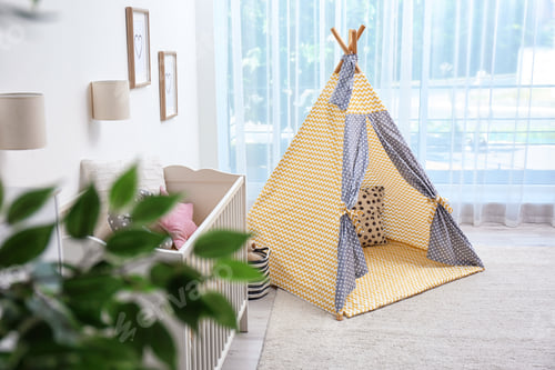 Preview: Cozy baby room interior with play tent and toys