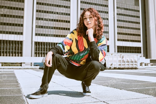 Preview: Fashion, model portrait and woman in city, street or outdoors posing in cool, vintage and urban ret