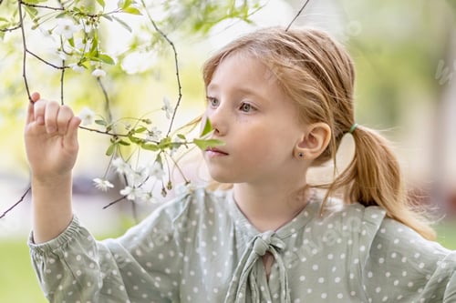 Preview: A little girl among cherry trees with white flowers. Blossom. Spring Garden