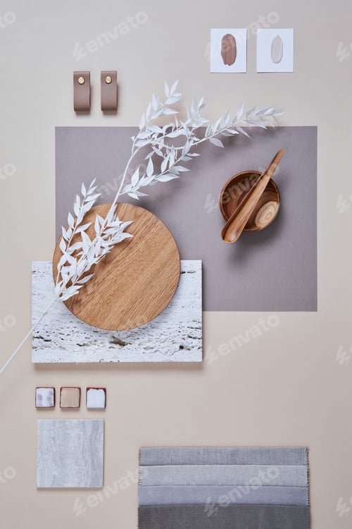 Preview: Creative flat lay composition with textile and paint samples, panels and cement tiles.