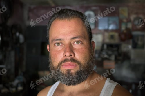 Preview: portrait of working man looking at camera inside his garage shop. local business concept
