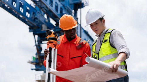 Preview: Surveyors and engineers using a theodolite and plans to measure during road construction.