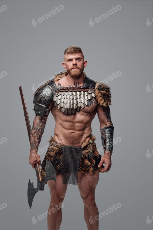 Preview: Fearful viking with tattooes and huge steel axe