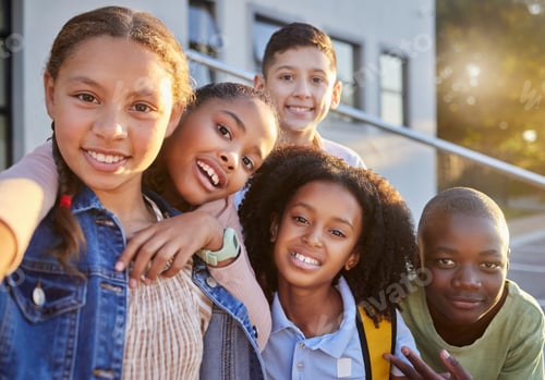 Preview: Friends, smile and selfie with children in school for teamwork, education and diversity. Support, s