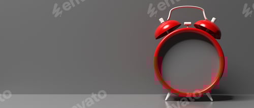 Preview: Red retro alarm clock empty, blank against gray background, 3d illustration
