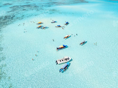 Preview: Aerial view of colorful boats, sea with azure water on summer day