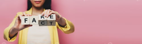 Preview: cropped view of asian woman holding wooden cubes with fake and fact lettering isolated on pink,