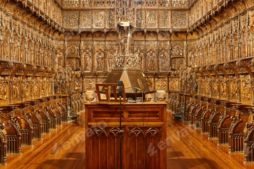 Preview: Cathedral interior in Zamora. Religious wooden choir stalls. Castilla León