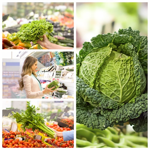Preview: Collage With Woman And Female Hand Who Chooses Vegetables In Supermarket. Concept Of Healthy Food