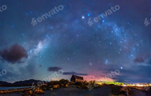 Preview: Milky Way, Nebula, Aurora Australis glowing over Church of the Good Shepherd at Lake Tekapo