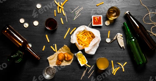Preview: Beer background. Fresh beer and snacks for him on large black table. Beer party.