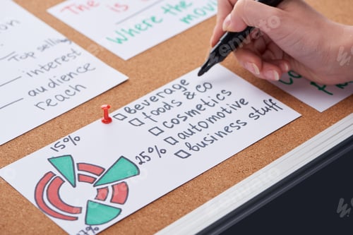 Preview: cropped view of woman holding black highlighter near blank with diagram and text pinned on cork