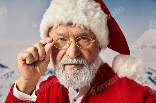 Preview: portrait of Santa Claus touching his glasses and looking straight at camera, Merry Christmas