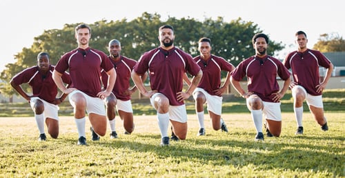 Preview: Rugby, sports and a team of men portrait doing lunges for training or competition game on a field.