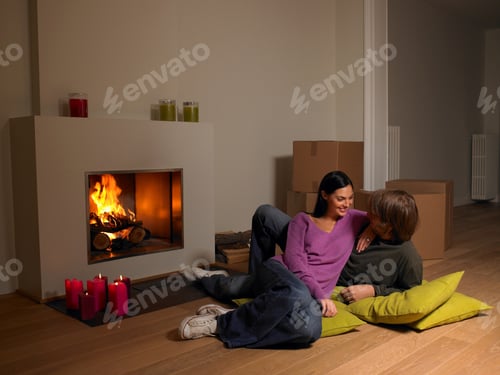 Preview: Couple with moving boxes, fire place