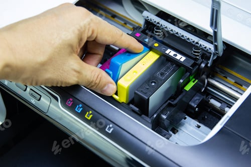 Preview: Technicians are install setup the ink cartridge or inkjet cartridge is a component of an inkjet prin