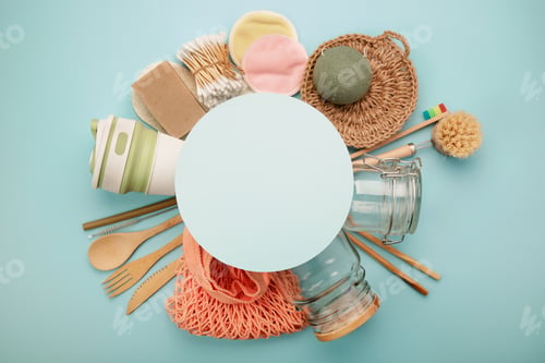 Preview: Set of eco products with circle frame for text. Zero waste concept. Flat lay with copyspace.