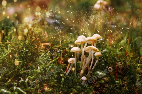 Preview: Magical fantasy pale mushrooms on green moss and shiny glowing fireflies.