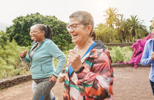 Preview: Fit senior people running at city park - Group of elderly friends doing sport workout together