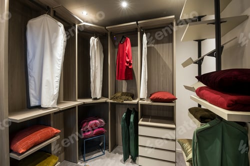 Preview: Modern walk in closet displaying clothes and pillows with shelving and drawers