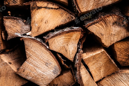 Preview: stacked firewood from chopped wood in a woodpile as a textured background. birch wood texture