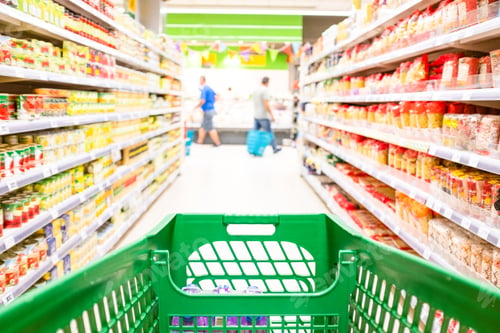 Preview: close up and first person or pov view of a cart buying products and food in a empty supermarket