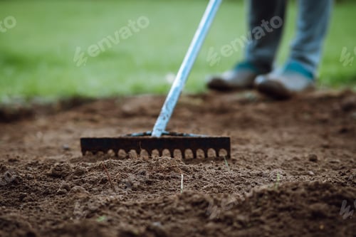 Preview: Garden rake in hands of human loosening ground, standing on grass. Soil treatment