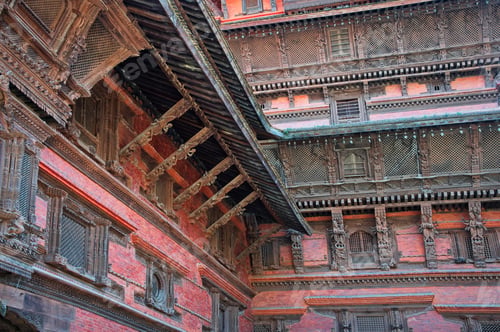 Preview: Detail of brick wall and roof of buddhist shrine in Kathmandu