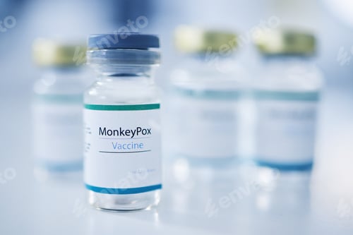 Preview: Monkeypox vaccine, backgrounds and medicine vial for protection, safety and healthcare risk. Closeu