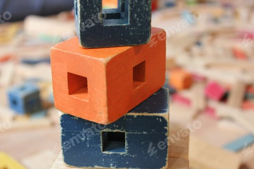 Preview: Blue and orange wooden building block toys