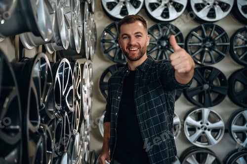 Preview: Thumb up, gesture. Man worker is maintenance station with tires, wheels