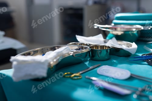 Preview: Close up of surgical instruments on table in operation theater at hospital