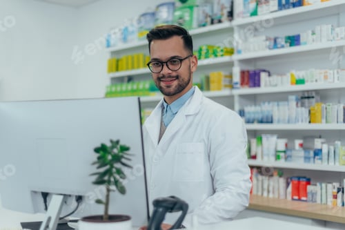 Preview: Portrait of a handsome pharmacist working in a pharmacy