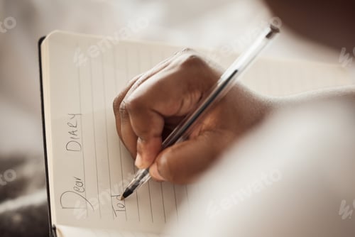 Preview: Woman hands, notebook and writing in diary for mental health, self care and creative inspiration. W