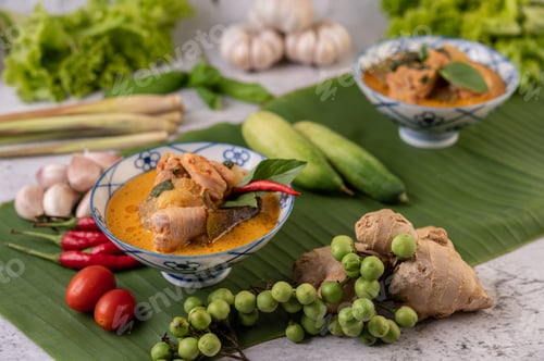 Preview: Chicken curry with Wax gourd in a ceramic cup.