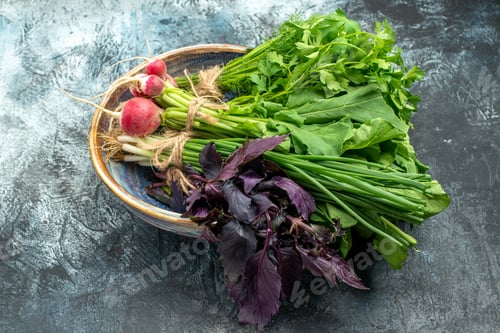 Preview: front view fresh greens with radish on dark-light background color photo ripe salad meal