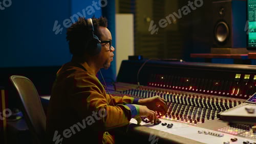 Preview: Audio designer leveling sound on a mixer control desk