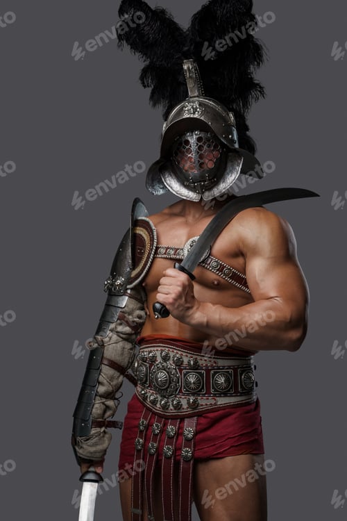 Preview: Roman gladiator with plumed helmet holding two swords