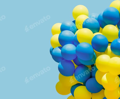 Preview: Yellow and blue balloons. Big bunch of balls. Balloon background with place for text.