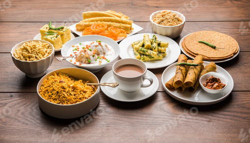 Preview: Group of Gujarati snacks food from India