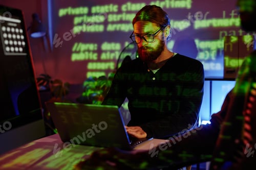 Preview: Serious bearded software developer looking at data on laptop screen