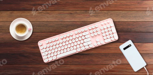 Preview: Computer keyboard pink color and smartphone against wood background