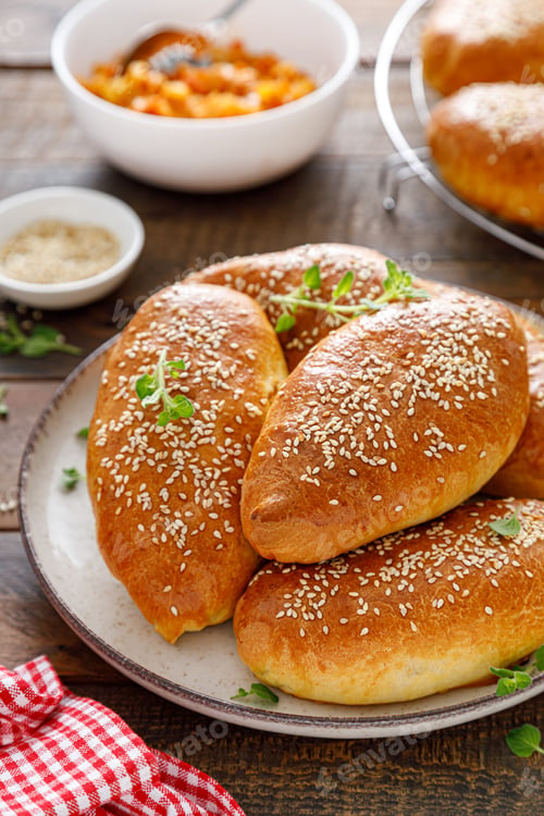 Preview: Homemade baked pies or patties stuffed with cabbage on wooden background