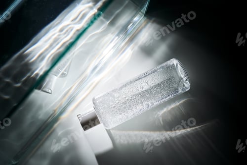 Preview: A bottle of moisturizing toner with a beautiful glow on the background.