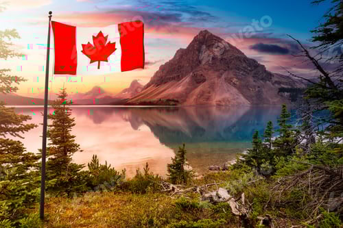 Preview: Canadian National Flag. Nature landscape view of Bow Lake in Banff National Park, Alberta, Canada