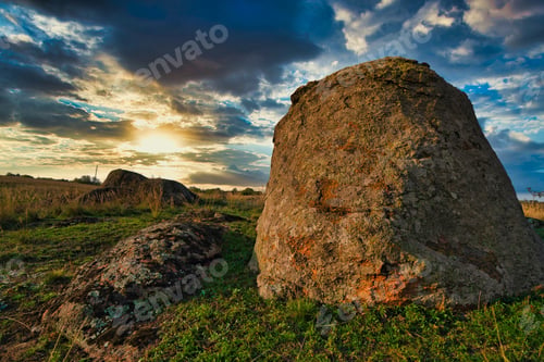 Preview: Huge deposits of stone minerals in a clearing bathed in warm sun in picturesque Ukraine