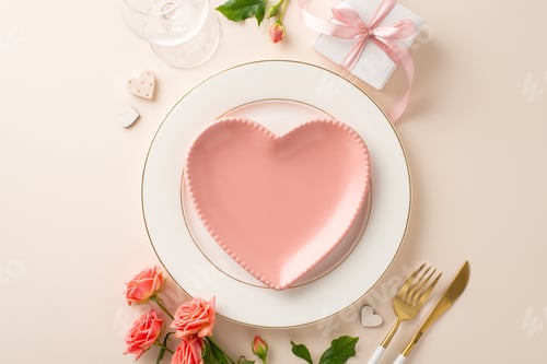 Preview: Intimate dinner affair with top view heart-shaped plates, cutlery, and wine glass. Beautiful roses