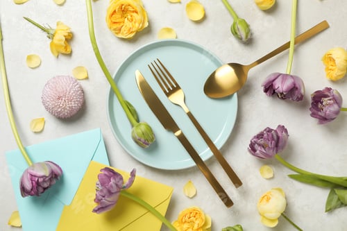 Preview: Concept of spring season table setting, top view